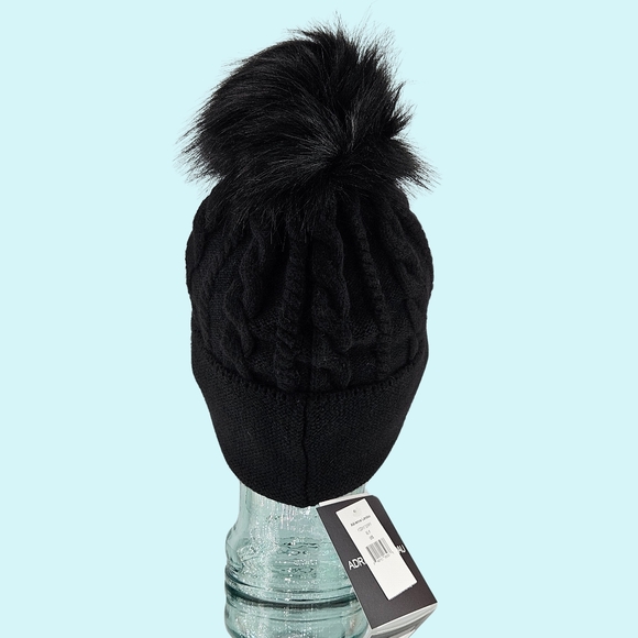Adrienne Landau Hat Beanie Black Wool Blend Embellished Faux Fur Pom Pom Holiday main image 6